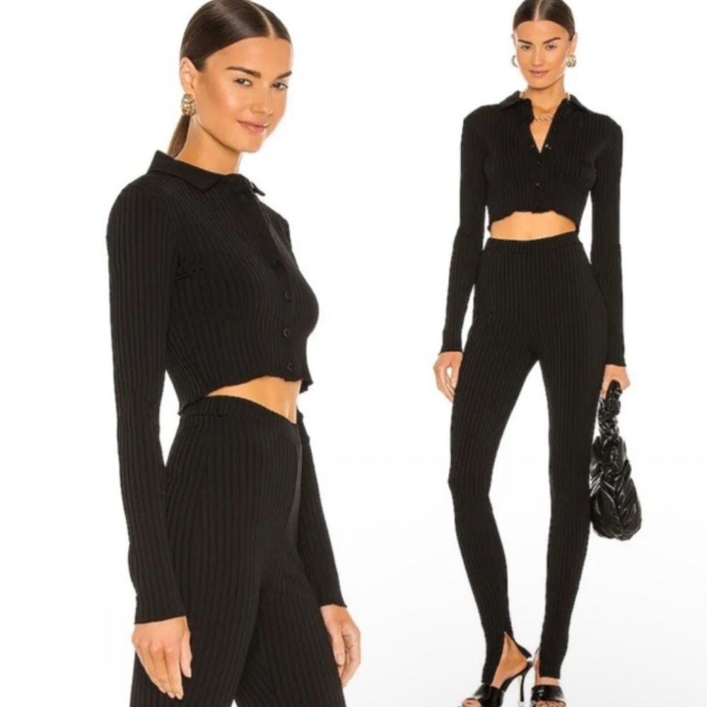 L'Academie Ribbed Pants & Crop Top Stretchy Button Down Set Black Small